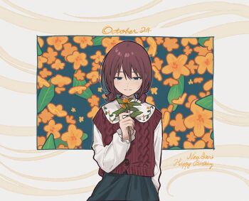 1girl blue_eyes blush brown_hair cardigan character_name closed_mouth commentary_request cowboy_shot girls_band_cry happy_birthday iseri_nina low_twintails red_cardigan shirt short_hair short_twintails solo teshima_nari twintails white_shirt