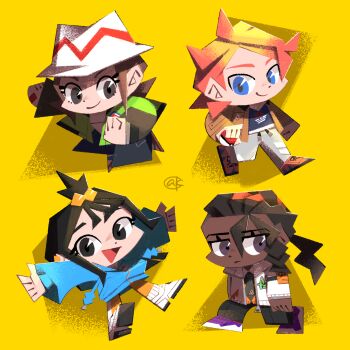 2boys 2girls aqua_hoodie black_hair black_pants blonde_hair blue_eyes brown_hair brown_jacket brown_shoes chibi chibi_only clenched_hand closed_mouth commentary_request dark-skinned_male dark_skin dot_nose eyelashes full_body green_jacket grey_eyes harmony_(pokemon) hat highres holding holding_poke_ball hood hood_down hoodie jacket karasusho lida_(pokemon) long_sleeves multicolored_hair multiple_boys multiple_girls naveen_(pokemon) nintendo open_clothes open_jacket open_mouth outstretched_arms pants poke_ball poke_ball_(basic) pokemon pokemon_legends:_z-a purple_eyes purple_shoes red_hair shirt shoes simple_background smile spread_arms triangle_mouth two-tone_hair urbain_(pokemon) white_hat white_pants white_shoes yellow_background