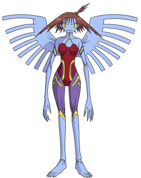 Rule 34 | 1girl, :>, bandai, black eyes, blue skin, breasts, brown hair, claws, colored sclera, colored skin, d-reaper, d-reaper adr-01, digimon, digimon new century, digimon tamers, evil smile, full body, impossible clothes, leotard, long arms, long legs, looking at viewer, monster girl, official art, red leotard, side ponytail, smile, solo, spiked hair, strapless, strapless leotard, transparent background, wide hips, wings, yellow sclera