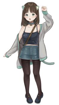 1girl animal_ears animal_print aqua_collar black_camisole black_pantyhose blue_shorts breasts brown_hair camisole cardigan collar commentary_request denim denim_shorts fish_print full_body green_eyes grey_cardigan highres looking_at_viewer medium_breasts medium_hair nena_labo open_cardigan open_clothes original pantyhose pantyhose_under_shorts pigeon-toed print_camisole short_shorts shorts simple_background single_off_shoulder solo spaghetti_strap standing white_background