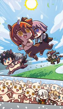 >_< 4boys 4girls 6+others :d akuta_hinako black_hair blonde_hair blue_eyes blue_sky blush_stickers centaur chibi chibi_only chinese_zodiac cloud commentary_request d: dx fate/grand_order fate_(series) fujimaru_ritsuka_(female) fujimaru_ritsuka_(male) game_cg goredolf_musik grass horns horseback_riding kadoc_zemlupus mash_kyrielight medium_hair monster_boy monster_girl monsterification motion_lines multiple_boys multiple_girls multiple_others official_art olga_marie_animusphere one_side_up open_mouth orange_eyes orange_hair pink_hair purple_eyes riding riyo_(lyomsnpmp) running short_hair single_horn sky smile speed_lines sun taur third-party_source white_hair xiang_yu_(fate) year_of_the_horse yu_mei-ren_(fate)