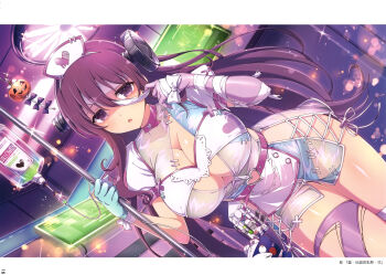 1girl :o absurdres asymmetrical_gloves bandaged_head bandages bolt_(hardware) breasts cleavage cleavage_cutout clothing_cutout gloves hair_ornament halloween halloween_costume happy_halloween hat heart_cutout highres huge_breasts indoors intravenous_drip iv_stand leaning_forward looking_at_viewer magazine_scan mismatched_gloves murasaki_(senran_kagura) non-web_source nurse nurse_cap object_through_head official_alternate_costume official_alternate_hairstyle official_art partially_shaded_face purple_eyes purple_hair scan screen_light screw_in_head senran_kagura senran_kagura_new_link skindentation solo thighhighs torn_clothes torn_thighhighs