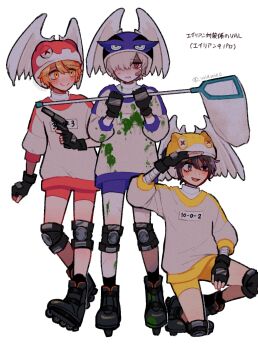 3boys alien_nine alternate_costume andrew_kreiss blonde_hair blood blood_on_clothes blue_shorts brown_hair butterfly_net c: commentary_request cosplay fingerless_gloves full_body gloves green_blood green_eyes gun hair_between_eyes hair_over_one_eye half-closed_eyes hand_net handgun head_wings helmet highres holding holding_gun holding_weapon identity_v inline_skates kawamura_kumi kawamura_kumi_(cosplay) knee_pads light_blush looking_afar looking_at_another looking_at_viewer luca_balsa male_focus multiple_boys on_one_knee ootani_yuri ootani_yuri_(cosplay) pink_shorts red_eyes revolver roller_skates short_hair shorts skates small_sweatdrop smile sweater tendenbarabara two-tone_sweater victor_grantz weapon white_hair white_sweater wings yellow_eyes yellow_shorts