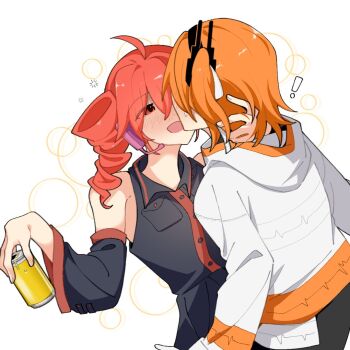 Rule 34 | 2girls, a.i. voice, adachi rei, beer can, black sweater, blush, can, detached sleeves, drill hair, drink can, drunk, grey shirt, imminent kiss, jacket, kasane teto, multiple girls, orange hair, red hair, shirt, sweater, twin drills, utau, yi xing luren, yuri