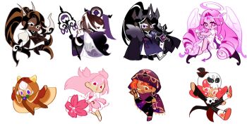 1other 3girls 4boys :d affogato_cookie androgynous angel_wings barefoot belt belt_pouch black_footwear black_gloves black_hair black_hat black_pants black_shirt blush_stickers bow_(weapon) bracelet braid brown_cape brown_eyes brown_hair brown_kimono cape caramel_arrow_cookie card cherry_blossom_cookie chibi chibi_only cinnamon_cookie cinnamon_cookie_(fortuneteller_apprentice) closed_mouth colored_skin commentary_request cookie_run cookie_run:_kingdom cookie_run:_ovenbreak crown dark-skinned_female dark-skinned_male dark_cacao_cookie dark_skin demon_tail demon_wings dress earrings eternal_sugar_cookie eyeshadow fang feathered_wings flower_umbrella food-themed_clothes frilled_dress frills full_body fur-trimmed_cape fur_trim geruideyundongxie gloves gradient_hair grapefruit_cookie grapefruit_cookie_(scary_skull) hair_between_eyes halo harp hat helmet highres holding holding_bow_(weapon) holding_card holding_instrument holding_staff holding_sword holding_umbrella holding_weapon hood hood_up hoop_earrings instrument japanese_clothes jewelry kimono long_hair long_sleeves makeup mini_hat mini_top_hat multicolored_hair multicolored_kimono multicolored_wings multiple_boys multiple_girls multiple_wings o3o official_alternate_costume official_style one_eye_closed open_mouth orange_hair pancake_cookie pants parasol pink_dress pink_eyes pink_hair pink_skin pink_wings pointy_ears ponytail pouch puffy_long_sleeves puffy_sleeves purple_cape purple_eyes purple_eyeshadow purple_footwear purple_kimono purple_scarf purple_tail purple_wings ringlets robe roller_skates scarf shirt shoes short_hair sidelocks simple_background skates skin_fang slit_pupils smile staff streaked_hair striped_clothes striped_pants sword tail tarot tarot_card top_hat two-tone_hair umbrella vertical-striped_clothes vertical-striped_pants very_long_hair weapon white_background white_dress white_footwear white_hair white_halo white_helmet white_kimono white_wings wings