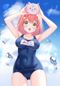 1girl 35p_(sakura_miko) absurdres alternate_costume animal animal_on_head blue_one-piece_swimsuit blue_sky breasts cameltoe cat cat_on_head cloud commentary_request covered_navel day esuorder green_eyes hair_ornament hairclip highres hololive looking_at_viewer medium_breasts name_tag on_head one-piece_swimsuit open_mouth outdoors pink_hair revision sakura_miko school_swimsuit short_hair sky solo sunlight swimsuit virtual_youtuber water_drop