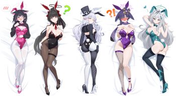 !? 5girls :o ;) ? @_@ absurdres alternate_costume animal_ears arm_behind_head arrow_(symbol) ass asymmetrical_footwear asymmetrical_gloves bare_shoulders bed_sheet black_collar black_gloves black_hair black_halo black_hat black_leotard black_pantyhose black_shoes black_shrug black_thighhighs blue_archive blue_leotard blue_shoes blush breasts breasts_apart cawl cleavage closed_mouth collar commentary covered_navel cross_hair_ornament dakimakura_(medium) detached_collar english_commentary english_text fake_animal_ears fake_tail fishnet_pantyhose fishnet_thighhighs fishnets from_behind full_body gloves grabbing_own_ass grey_eyes grey_hair grey_halo hair_between_eyes hair_ornament hair_over_one_eye halo hand_on_own_chest hand_up hands_on_own_chest hat heterochromia high_heels highleg highleg_leotard highres himari_(blue_archive) kazusa_(blue_archive) large_breasts leotard light_blush long_hair long_sleeves looking_at_viewer looking_back lying medium_breasts medium_hair mismatched_footwear mismatched_gloves mismatched_shoes multicolored_hair multicolored_halo multicolored_pantyhose multiple_girls necktie on_back on_side on_stomach one_eye_closed open_mouth pantyhose pink_hair pink_halo pink_leotard pink_shoes playboy_bunny pointy_ears purple_eyes purple_hair purple_halo purple_leotard purple_shoes rabbit_ears rabbit_tail red_eyes red_halo red_necktie rio_(blue_archive) shiroko_terror_(blue_archive) shoes short_hair_with_long_locks shrug_(clothing) single_thighhigh small_sweatdrop smile spoken_blush strapless strapless_leotard sweat tail thighhighs tsukuyo_(blue_archive) two-tone_halo very_long_hair white_gloves white_pantyhose white_shoes white_wrist_cuffs wrist_cuffs