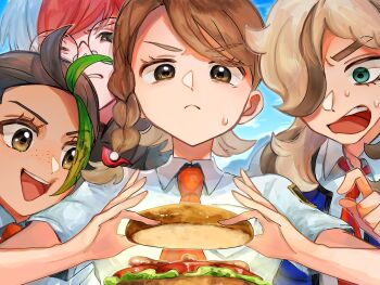 Rule 34 | 1boy, 3girls, :<, :d, aqua eyes, arven (pokemon), black hair, blonde hair, blue background, blue hair, blue vest, braid, brown eyes, brown hair, collared shirt, commentary request, food, freckles, gin no pomeranian, green streaks, grey eyes, hair over one eye, highres, juliana (pokemon), long hair, looking at object, looking at viewer, multicolored hair, multiple girls, necktie, nemona (pokemon), nintendo, open mouth, orange necktie, penny (pokemon), pokemon, pokemon sv, red hair, round eyewear, sandwich, school uniform, shirt, short hair, side braid, simple background, smile, sweatdrop, two-tone hair, upper body, vest, white shirt