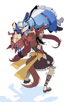2girls absurdres animal_ears archives.gokulism arms_up blue_bag blue_dress blue_scarf boots bow braid braided_ponytail breasts brown_hair carrying carrying_person closed_eyes closed_mouth detached_sleeves dress ear_bow ear_ribbon gloves hair_between_eyes hair_ornament hands_on_own_face highres horse_ears horse_girl horse_tail large_breasts long_hair low-tied_long_hair multicolored_hair multiple_girls pinwheel pinwheel_hair_ornament red_gloves sandals scarf shirt short_hair skirt sleeveless sleeveless_shirt streaked_hair super_creek_(murmuring_stream)_(umamusume) super_creek_(umamusume) tail umamusume very_long_hair white_boots white_hair wrist_cuffs yaeno_muteki_(attack_of_the_four_white_meteors)_(umamusume) yaeno_muteki_(umamusume)