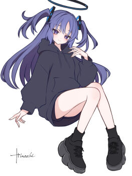 1girl arms_at_sides bare_legs black_halo black_hoodie black_shoes black_shorts blue_archive closed_mouth commentary_request hair_ornament halo hand_up highres hncstk hood hood_down hoodie long_hair long_sleeves looking_at_viewer mechanical_halo pull_string purple_eyes purple_hair red_pupils shoes shorts signature simple_background smile solo triangle_hair_ornament twintails white_background yuuka_(blue_archive)