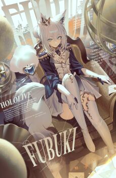 1girl absurdres animal_ear_fluff animal_ears black_gloves blue_eyes blue_jacket boots bun_with_hair_base character_name closed_mouth copyright_name couch cover elbow_gloves english_text fake_magazine_cover foot_out_of_frame fox_ears fox_girl fox_tail gloves hair_between_eyes hashtag-only_commentary highres hololive indoors jacket jeze knee_up looking_at_viewer magazine_cover multicolored_gloves on_couch open_clothes open_jacket shirakami_fubuki sitting skirt smile solo tail thigh_boots two-tone_gloves virtual_youtuber white_boots white_gloves white_hair white_skirt