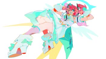 1girl absurdres aria_(human)_(zenless_zone_zero) aria_(zenless_zone_zero) blue_eyes double_v dress fingerless_gloves full_body gloves highres one_eye_closed pink_gloves pink_hair quad_tails smile solo v white_dress wings xu_sanchuan zenless_zone_zero