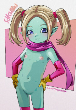 1girl artist_name blonde_hair blue_eyes cape closed_mouth colored_skin commentary completely_nude dragon_ball dragon_ball_daima elbow_gloves english_commentary flat_chest gloves green_skin hands_on_own_hips loli looking_at_viewer navel nipples nude pansy_(dragon_ball_daima) pink_cape pink_gloves pink_thighhighs pointy_ears pussy smile solo soy-chan standing thighhighs twintails twitter_username yellow_gloves