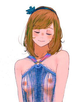 1girl absurdres arms_at_sides averting_eyes blue_bow blue_dress blue_hairband blue_ribbon blush bob_cut body_freckles bow breasts brown_hair closed_mouth collarbone commentary dress english_commentary freckles green_eyes hair_bow hair_ribbon hairband half-closed_eyes highres light_smile looking_down looking_to_the_side loose_hair_strand medium_breasts medium_hair nipples original ottilie_(spindle_(aidenr0)) revealing_clothes ribbon sleeveless sleeveless_dress solo spindle_(aidenr0) swept_bangs upper_body white_background