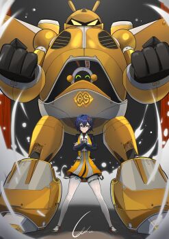 Rule 34 | 1girl, absurdres, bangboo (zenless zone zero), belle (delicate sunlight) (zenless zone zero), belle (zenless zone zero), blue hair, corsa 24, cross, crossed bangs, dress, dress over shirt, earrings, eous (zenless zone zero), green eyes, gunbuster pose, hair ornament, high heels, highres, jewelry, letter hair ornament, long sleeves, mecha, orange dress, pantyhose, robot, single earring, smile, standing, white pantyhose, zenless zone zero