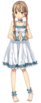 1girl ankle_garter barefoot braid brown_hair dress female_focus hair_over_shoulder highres original own_hands_together solo twin_braids wrist_cuffs yuuryuu_nagare