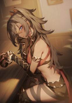 1girl arm_armor armlet asymmetrical_clothes bare_shoulders belt black_belt black_gloves black_hair blonde_hair blue_eyes blush boots breasts closed_mouth criss-cross_halter crossed_bangs crossed_belts dark-skinned_female dark_skin dehya_(genshin_impact) earrings elbow_gloves fingerless_gloves from_side genshin_impact genyaky gloves gold_choker hair_between_eyes hair_ears hair_intakes halterneck highres holding jewelry large_breasts long_hair looking_at_viewer looking_to_the_side multicolored_hair multiple_thigh_straps pants signature single_bare_shoulder single_earring single_fingerless_glove sitting smile solo streaked_hair thigh_boots thigh_strap thighs torn_clothes torn_pants two-tone_hair very_long_hair yellow_pupils