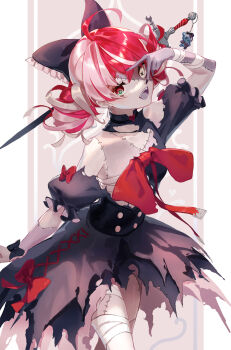 Rule 34 | black nails, bow, colored skin, commentary, cowboy shot, frilled bow, frills, grey hair, grey skin, hair bow, hair bun, heterochromia, highres, hololive, hololive indonesia, kureiji ollie, long hair, looking at viewer, open mouth, patchwork skin, red bow, red eyes, red hair, solo, stitched arm, stitched face, stitched leg, stitched torso, stitches, t11830, untranslatable commentary, v, v over eye, virtual youtuber, yellow eyes, zombie