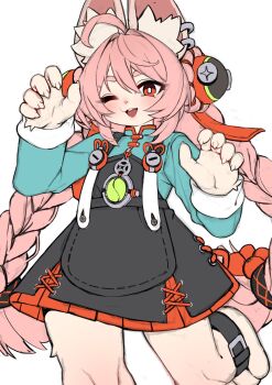 1girl animal_ear_fluff animal_ear_piercing animal_ears animal_feet anklet braid braided_twintails bright_pupils chinese_clothes claw_pose commentary_request cowboy_shot furry furry_female green_shirt hair_between_eyes highres jewelry kameno_sachi leg_up long_hair looking_at_viewer one_eye_closed open_mouth pink_fur pink_hair rabbit_ears rabbit_girl red_eyes screw shirt short_eyebrows simple_background solo thick_eyebrows white_background white_pupils zenless_zone_zero zhao_(zenless_zone_zero)