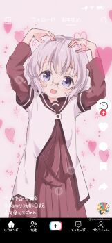 1girl arms_up black_sailor_collar blue_eyes dress fake_phone_screenshot fake_screenshot glasses grey_hair hands_on_own_head heart highres ikeda_chitose kawaikute_gomen_(honeyworks) layered_sleeves long_sleeves looking_at_viewer mearian namori_(character) nanamori_school_uniform open_mouth pink_background pleated_dress red_dress sailor_collar school_uniform shirt short_hair short_over_long_sleeves short_sleeves smile sparkle tiktok white_shirt yuruyuri