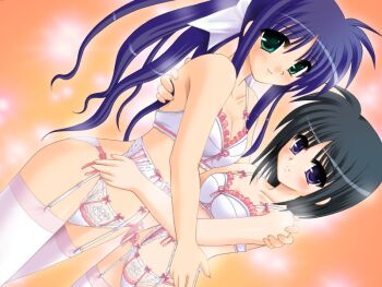 2girls black_hair blue_eyes blue_hair blush bra breasts dutch_angle game_cg garter_belt garter_straps green_eyes high_ponytail hug kuwashima_fuuka lingerie long_hair looking_at_viewer multiple_girls nagase_yukino panties ponytail purple_eyes purple_hair reference_work sakura_machizaka_stories sakura_machizaka_stories_vol.1 short_hair small_breasts smile thighhighs tsuzuki_maki underwear underwear_only white_legwear yuri