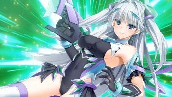 1girl black_gloves black_leotard blue_eyes blush breasts closed_mouth covered_erect_nipples covered_navel cowboy_shot dutch_angle earrings elbow_gloves exs-tia_avalas floating_hair game_cg gloves green_background grey_hair gun hair_intakes hair_ornament headgear highleg highleg_leotard holding holding_gun holding_weapon itakano_shigure jewelry kamitsurugi_ouka kouyoku_senki_exs-tia_concert large_variant_set leotard long_hair looking_at_viewer magical_girl medium_breasts non-web_source official_art sideboob skin_tight smile solo standing thighhighs trigger_discipline two_side_up variant_set very_long_hair weapon white_hair white_thighhighs