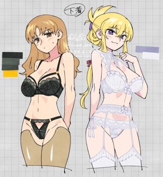 2girls alternate_costume arms_behind_back bare_arms black_bra black_panties blonde_hair blush bra breasts brown_thighhighs cleavage closed_mouth collarbone color_guide commentary_request garter_belt grey_background hair_between_eyes hair_ribbon lace lace-trimmed_bra lace-trimmed_panties lace_trim large_breasts lingerie long_hair looking_at_viewer matara_okina missing_headwear multiple_girls navel neck_ribbon orange_eyes orange_hair panties purple_eyes ribbon shikido_(khf) side-tie_panties smile sweatdrop thighhighs touhou underwear underwear_only watermark watermark_grid white_bra white_panties white_ribbon white_thighhighs yakumo_yukari