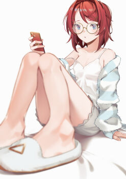 1girl ange_katrina ange_katrina_(6th_costume) arm_support bare_legs bare_shoulders blue_cardigan blue_eyes blurry breasts camisole cardigan cellphone collarbone commentary_request depth_of_field foreshortening full_body glasses grey_shorts hair_ornament hairclip hairpin hand_up highres holding holding_phone knees_up large_variant_set looking_at_viewer medium_hair multicolored_eyes multiple_hairpins nijisanji off_shoulder open_cardigan open_clothes parted_lips phone purple_eyes red_hair round_eyewear shorts simple_background sitting sleepwear slippers small_breasts smartphone solo strap_slip striped_cardigan th@nk two-tone_eyes variant_set virtual_youtuber white_background white_camisole white_cardigan white_slippers yellow-framed_eyewear
