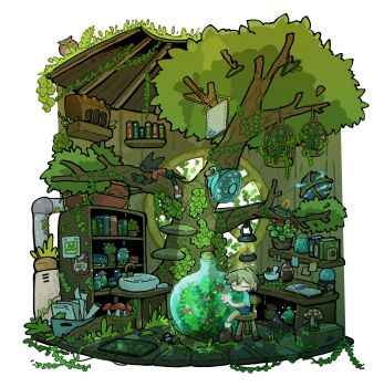 1boy absurdly_detailed_composition absurdres aqua_shirt bird birdcage black_shorts blue_shorts book bookshelf brown_hair brown_shoes cage cat chair chibi child closed_eyes clothes_hanger commentary_request corked_bottle desk electric_fan faucet furry glass_bottle globe highres holding holding_book in_tree indoors lantern loaded_interior lying mushroom no_mouth on_chair on_stomach open_book original owl plant polyester_putty potted_plant red_shirt scenery shelf shirt shoes short_hair short_sleeves shorts sink sitting socks towel transparent_background tree treehouse white_socks wooden_chair wooden_floor