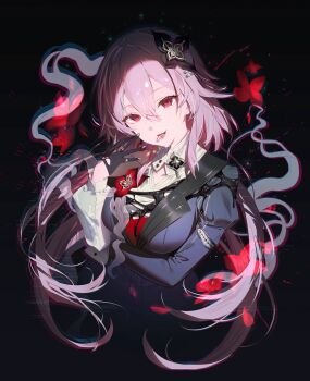 1girl absurdres amphoreus_(honkai:_star_rail) black_dress breasts collar dress earrings evernight_(honkai:_star_rail) flower gloves grey_nails hair_between_eyes hair_flower hair_ornament hairclip highres honkai:_star_rail honkai_(series) iei_(yeahhiei) jewelry long_hair march_7th_(honkai:_star_rail) medium_breasts parallel_hairclips pink_hair red_eyes red_flower ring single_earring upper_body very_long_hair white_collar