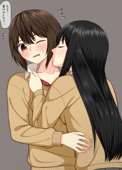 2girls absurdres black_hair brown_eyes brown_hair brown_sweater closed_eyes collared_shirt commentary_request flying_sweatdrops grey_background hand_on_another's_waist highres kiss kissing_neck long_hair multiple_girls one_eye_closed original parted_lips ryuusa school_uniform shirt short_hair simple_background speech_bubble sweat sweater translation_request white_shirt yuri