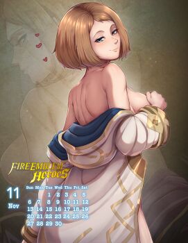 1girl absurdres back bare_shoulders blue_eyes blush breasts brown_hair calendar_(medium) closed_mouth coat commentary english_commentary evomanaphy fire_emblem fire_emblem_heroes freckles heart highres female_kiran_(fire_emblem) kiran_(fire_emblem) looking_at_viewer medium_breasts nintendo off_shoulder pinup_(style) short_hair smile solo undressing