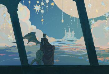 1boy black_coat castle cloud coat dragon_boy dragon_tail dragon_wings haikyuu!! highres iwaizumi_hajime lingcod_dayu looking_to_the_side male_focus monster_boy monsterification moon profile scales scenery star_(sky) tail wings