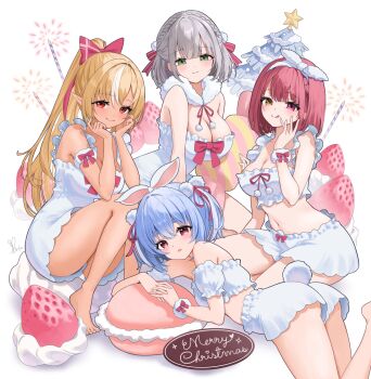 4girls :q alternate_costume animal_ears barefoot blonde_hair blue_hair bob_cut bow bow_hairband braid braided_bangs breasts center-flap_bangs cleavage closed_mouth commentary_request cropped_shirt crown_braid double-parted_bangs dress elf food frilled_dress frilled_sleeves frills fruit genjitsu_pirika green_eyes grey_hair hair_bow hair_ornament hair_ribbon hairband heterochromia high_ponytail highres hololive hololive_fantasy houshou_marine knees_up large_breasts long_hair looking_at_viewer loungewear lying macaron medium_hair merry_christmas multicolored_hair multiple_girls navel on_stomach open_mouth pink_bow pink_ribbon pointy_ears pom_pom_(clothes) pom_pom_hair_ornament ponytail rabbit-shaped_pupils rabbit_ears rabbit_girl red_eyes red_hair ribbon romper shiranui_flare shirogane_noel shirt short_eyebrows short_hair short_shorts shorts sitting small_breasts smile stomach strapless strapless_dress strawberry streaked_hair symbol-shaped_pupils thick_eyebrows tongue tongue_out tube_top two_side_up usada_pekora virtual_youtuber white_dress white_hair white_hairband white_romper white_shirt white_shorts white_tube_top yellow_eyes