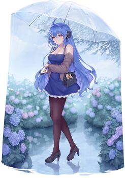 1girl absurdres ahoge alternate_costume azur_lane bag bare_shoulders black_footwear black_pantyhose blue_dress blue_hair bow braid breasts bright_pupils closed_mouth collarbone commentary dress english_commentary flower french_braid from_side full_body hair_between_eyes hair_bow handbag helena_(azur_lane) high_heels highres holding holding_umbrella hydrangea kyl490 long_hair long_sleeves looking_at_viewer medium_breasts pantyhose petticoat purple_eyes rain smile solo stuffed_animal stuffed_toy teddy_bear umbrella very_long_hair walking white_bow white_pupils