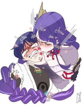 1boy 1girl amaairito anger_vein angry assertive_female black_bodysuit black_eyes black_hair blue_kimono blunt_bangs blunt_ends blush bodysuit braid breasts bridal_gauntlets censored cleavage clenched_teeth closed_eyes commentary constricted_pupils english_commentary eyelashes facing_another fingernails flower frown furrowed_brow genshin_impact gold gold_ring grey_shrug hair_flower hair_ornament hair_tie hand_on_another&#039;s_face highres japanese_clothes juban kimono kiss kissing_cheek lipstick_mark_on_cheek long_hair long_sidelocks low-braided_long_hair low-tied_long_hair middle_finger middle_ring mitsudomoe_(shape) mosaic_censoring mother_and_son multicolored_hair off_shoulder open_clothes open_kimono purple_bridal_gauntlets purple_hair purple_kimono raiden_shogun red_rope rope scaramouche_(genshin_impact) short_sleeves shoulder_peek shrug_(clothing) sidelocks single_sidelock single_sode sound_effects streaked_hair string swept_bangs teeth tomoe_(symbol) trembling veins wanderer_(genshin_impact) white_background white_hair white_kimono wispy_bangs