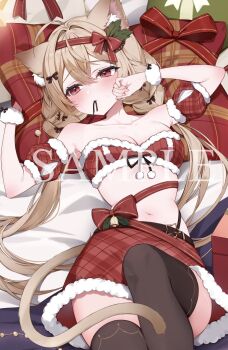 1girl ahoge animal_ear_fluff animal_ears armpits bare_shoulders blonde_hair blush box breasts brown_thighhighs cat_ears cat_girl cat_tail cleavage commentary_request crop_top detached_sleeves embarrassed fur-trimmed_skirt fur_trim gift gift_box hands_up highres hinagikumonnme long_hair looking_to_the_side low_twintails lying midriff miniskirt navel on_back original red_eyes red_shirt red_skirt shirt short_sleeves skirt sleeveless sleeveless_shirt small_breasts solo stomach tail thighhighs twintails very_long_hair