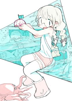 1girl ahoge animal_bag bag black_bow blush boots bow braid brain commentary_request counter dynamite ear_blush explosive fish full_body hair_bow hands_up holding_brain keep-away kujira lace lace-trimmed_skirt lace_trim long_hair low_twin_braids multiple_hair_bows octopus on_stool open_mouth original outside_border partially_immersed pink_boots pink_skirt seal_(animal) shoulder_bag sitting skirt tank_top thighhighs triangle twin_braids white_hair white_tank_top white_thighhighs