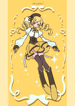 1girl black_boots black_gloves black_hat blonde_hair blush boots breasts brown_eyes brown_thighhighs character_name closed_mouth commentary detached_sleeves drill_hair fingerless_gloves full_body gloves hat heart highres long_sleeves mahou_shoujo_madoka_magica mahou_shoujo_madoka_magica_(anime) medium_breasts neki_(wakiko) pinstripe_thighhighs puffy_long_sleeves puffy_short_sleeves puffy_sleeves shirt short_sleeves skirt smile solo thighhighs thighhighs_under_boots tomoe_mami tomoe_mami_(magical_girl) twin_drills twintails white_shirt white_sleeves yellow_background yellow_skirt