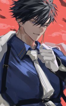 1boy black_hair blue_eyes blue_shirt collared_shirt commentary_request earrings futasujihi_sadamune hair_between_eyes highres jewelry looking_at_viewer male_focus miroku_(butuzo33) parted_lips red_background shirt short_hair solo suspenders touken_ranbu upper_body