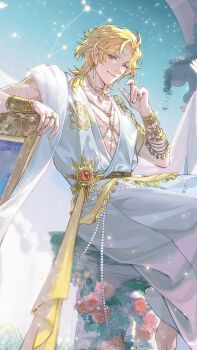1boy ;) absurdres ancient_greek_clothes aqua_gemstone arch architecture arm_rest arm_tattoo barefoot beads blonde_hair blue_eyes blue_sky body_chain bracelet bracer brooch chinese_commentary closed_mouth collarbone constellation curtained_hair earrings flower foot_out_of_frame gem gold_bracelet gold_bracer gold_choker gold_earrings gold_necklace grass greco-roman_architecture greco-roman_clothes guest_art hand_up highres jewelry lars_rorschach leo_(constellation) light_particles looking_at_viewer lovebrush_chronicles male_focus medallion multiple_bracelets multiple_rings necklace one_eye_closed painting_(object) parted_bangs pectoral_cleavage pectorals picture_frame pillar pink_flower pink_rose plant plunging_neckline red_gemstone ring robe rose sash short_hair short_sleeves sideways_glance sitting sky smile solo star_(sky) starry_sky sun_earrings sun_necklace sun_symbol tattoo toned toned_male vines waist_sash white_robe yellow_sash yiy1123
