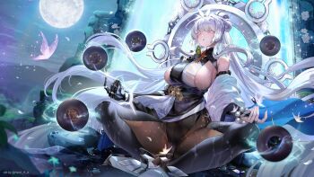 1girl absurdres armored_boots artist_name bare_shoulders beads boots breasts brown_pantyhose bug butterfly closed_eyes commentary_request covered_groin crescent dutch_angle facing_ahead falling_petals floating floating_hair floating_object from_below full_moon goddess_of_victory:_nikke hanh_chu haori highleg highres insect japanese_clothes large_breasts light_particles long_hair mechanical_arms meditation mole mole_on_breast mole_under_eye moon moonlight moss nayuta_(nikke) obi off_shoulder open_mouth orb outdoors pantyhose partial_commentary petals prayer_beads print_haori rock sash sideboob sidelocks single_mechanical_arm sitting solo split-color_clothes thick_eyelashes very_long_hair wet white_haori
