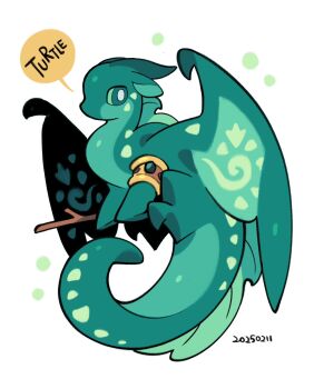 animal animal_focus aqua_eyes armlet character_name chibi chibi_only commentary dated dragon full_body hashtag-only_commentary highres jewelry looking_at_viewer no_humans rehtaef seawing_(wings_of_fire) simple_background sitting solo stick turtle_(wings_of_fire) western_dragon white_background wings wings_of_fire