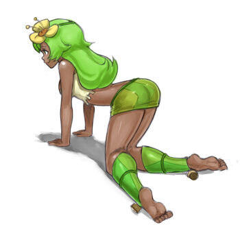 Rule 34 | 1girl, all fours, amalia sheran sharm, ankama, ankle wrap, armor, ass, bandeau, breasts, dark-skinned female, dark skin, feet, female focus, flower, greaves, green eyes, green hair, hair flower, hair ornament, highres, long hair, matching hair/eyes, midriff, miniskirt, rich s, sadida, sadida f, skirt, smile, soles, solo, toes, wakfu