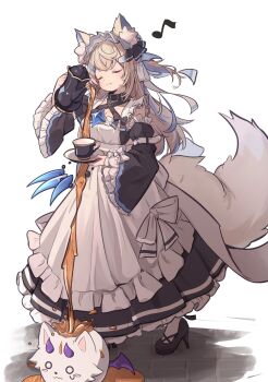 1girl :3 alternate_costume animal_ear_fluff animal_ears apron arm_belt belt black_dress black_footwear black_sleeves blonde_hair blue_hair closed_eyes closed_mouth commentary_request detached_sleeves dog_ears dog_girl dog_tail dress enmaided failure frilled_apron frilled_dress frilled_sleeves frills full_body fuwawa_abyssgard halu_1113 hands_up high_heels highres holding holding_saucer hololive hololive_english long_dress long_hair long_sleeves maid maid_apron maid_headdress multicolored_hair musical_note perroccino_(fuwamoco) pouring saucer simple_background sleeveless sleeveless_dress smile solo spilling standing streaked_hair tail tea teapot virtual_youtuber white_apron white_background white_belt wide_sleeves you're_doing_it_wrong