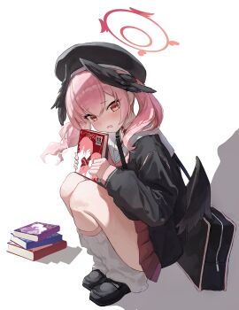 Rule 34 | 1girl, absurdres, black shirt, black shoes, black wings, blue archive, blush, book, feathered wings, from side, hair between eyes, halo, head wings, highres, holding, holding book, koharu (blue archive), lao wo, leg warmers, long hair, looking at viewer, low wings, neckerchief, open mouth, pink eyes, pink hair, pink neckerchief, pink skirt, red halo, sailor collar, shirt, shoes, sidelocks, skirt, solo, squatting, sweatdrop, twintails, white leg warmers, white sailor collar, wings
