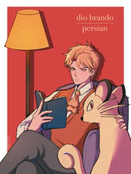 1boy ascot blonde_hair book character_name commentary crossed_legs crossover dio_brando highres holding holding_book jojo_no_kimyou_na_bouken kookirani lamp male_focus nintendo orange_ascot orange_sweater_vest persian_(pokemon) petting phantom_blood pokemon reading sitting sweater_vest