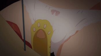 10s 1boy 1girl animated animated_gif black_hair blouse blush bow bow_panties breasts brown_eyes brown_hair cat_paw cleavage collarbone crowd forced forced_masturbation kotegawa_yui long_hair medium_breasts miniskirt panties sandals screencap shirt skirt sleeveless to_love-ru to_love-ru_darkness_2nd train_interior underwear white_panties yuuki_rito