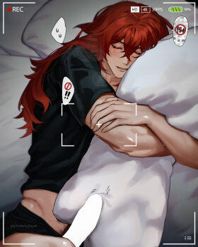 1boy absurdres black_male_underwear black_shirt censored closed_eyes diluc_(genshin_impact) eriimyon genshin_impact hair_between_eyes highres hugging_object long_hair male_focus male_underwear pillow pillow_hug red_hair shirt sleeping sleepy solo t-shirt underwear