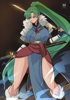1girl artist_logo black_gloves breasts commentary commission curtained_hair dual_wielding earrings english_commentary fingerless_gloves fire_emblem fire_emblem_awakening fur_collar gloves green_eyes green_hair highres holding holding_sword holding_weapon ihsnet jewelry katana large_breasts logo long_hair lyn_(fire_emblem) nintendo over_shoulder parted_bangs ponytail shoulder_guard solo sword sword_over_shoulder thighs upper_body weapon weapon_over_shoulder